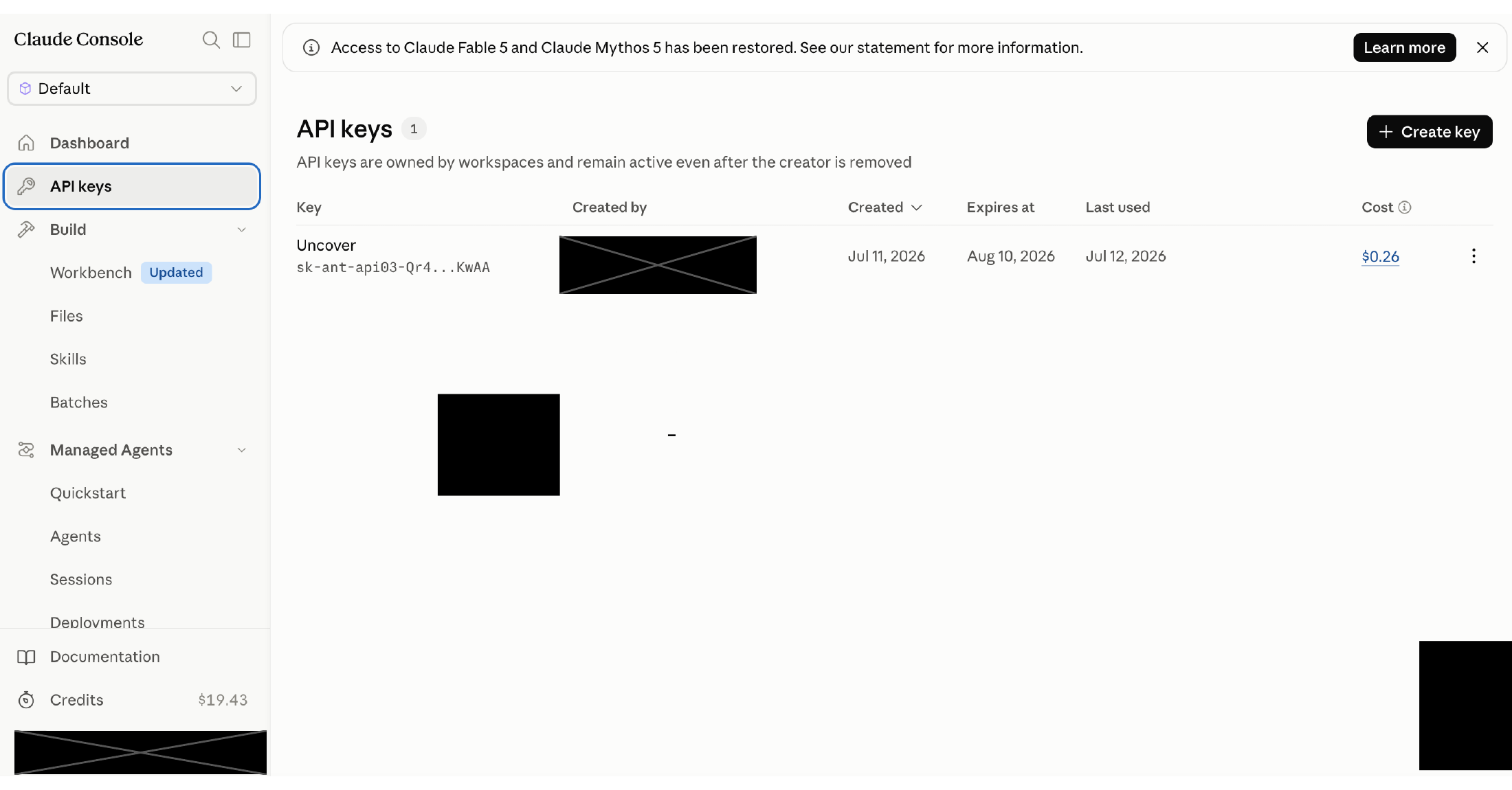 The Anthropic Console API keys page, showing a key named Uncover with its cost tracked at $0.26.