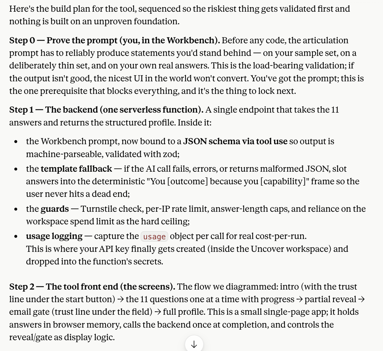 A sequenced build plan: Step 0, prove the prompt in the Workbench; Step 1, the backend as one serverless function with a JSON schema, template fallback, guards, and usage logging; Step 2, the tool's front end screens.