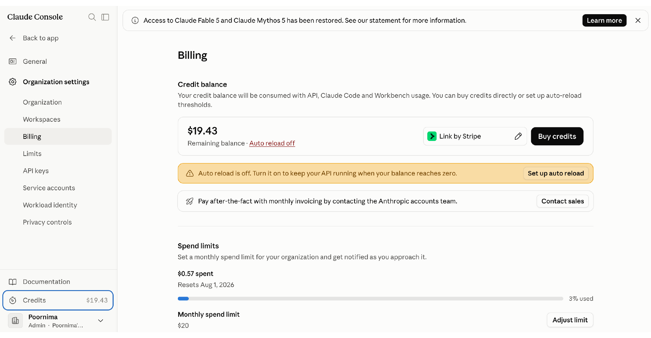 The Anthropic Console billing page, showing a $19.43 credit balance and a $20 monthly spend limit.