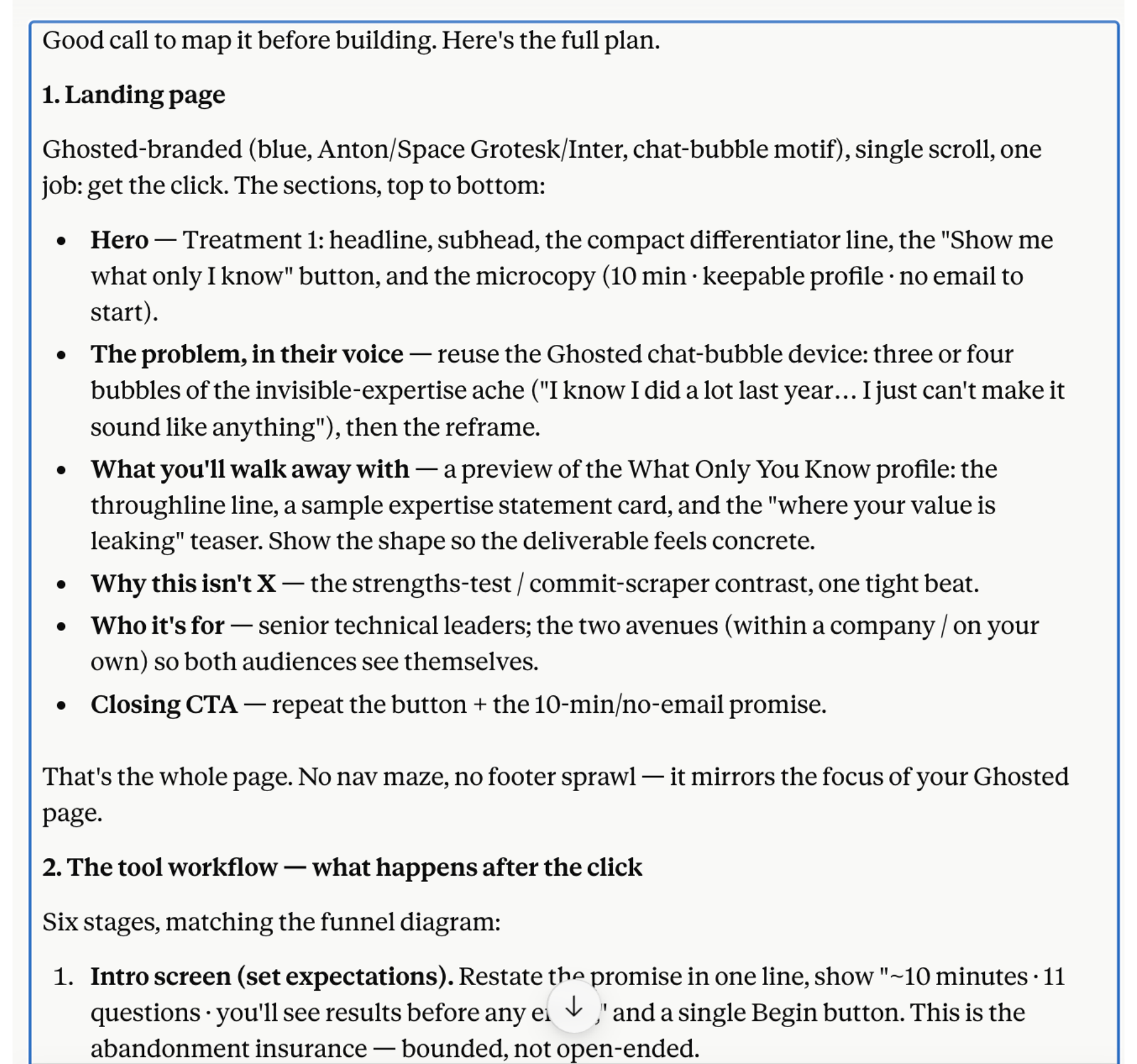 A detailed written build plan from Claude, breaking down the landing page sections and the tool's step-by-step workflow before any code was written.