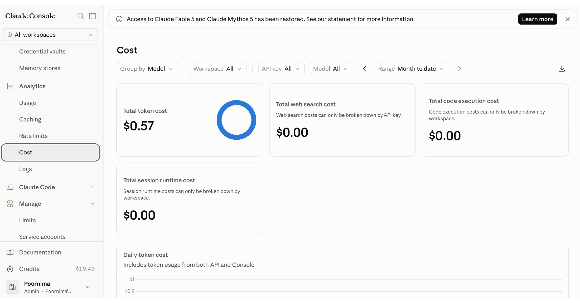 The Anthropic Console cost dashboard, showing a total token cost of $0.57 for the month.