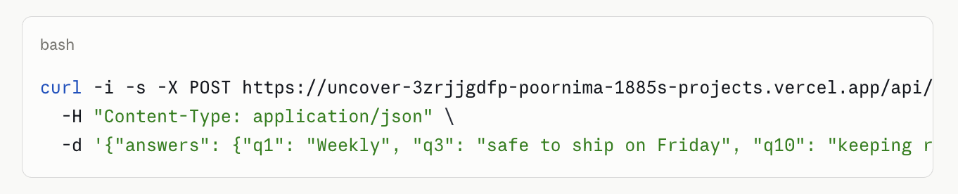 A curl command posting sample answers to the live Vercel deployment URL at /api/generate, the same test as the local version but against production.