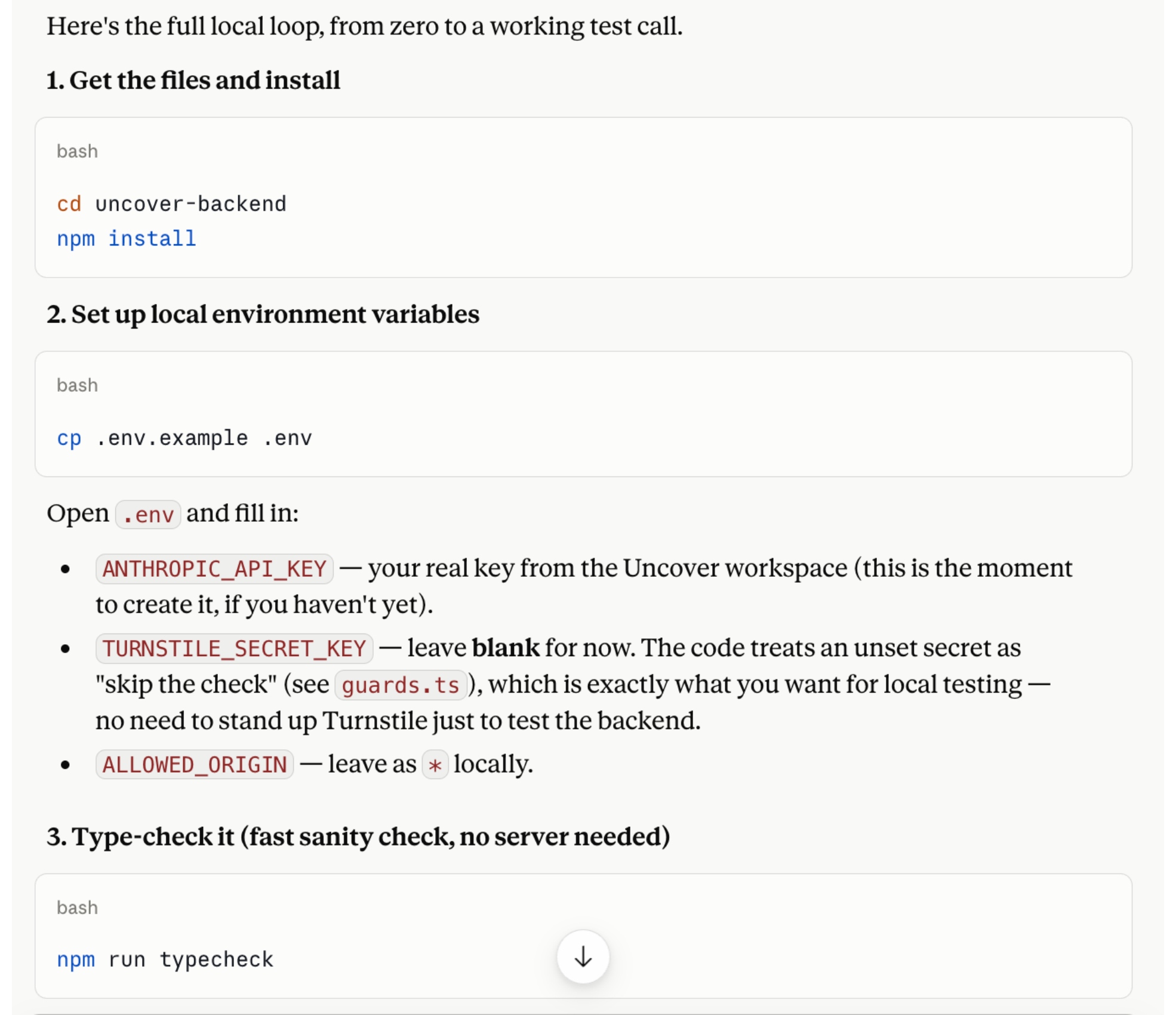 Terminal commands for the local install: cd into the project, npm install, copy the .env.example file, fill in the API key and other environment variables, then run npm run typecheck.