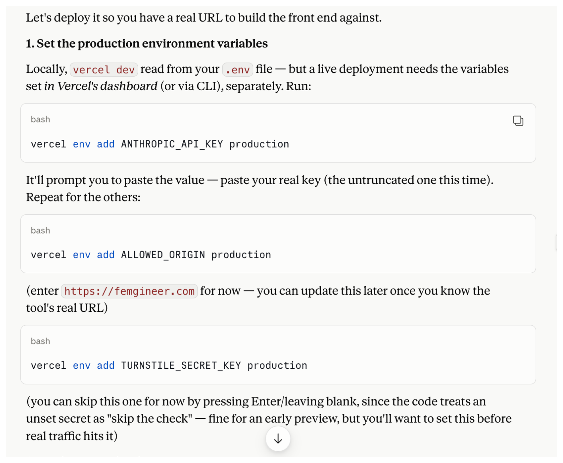 Terminal commands using the Vercel CLI to add production environment variables: vercel env add ANTHROPIC_API_KEY, ALLOWED_ORIGIN, and TURNSTILE_SECRET_KEY, each scoped to production.