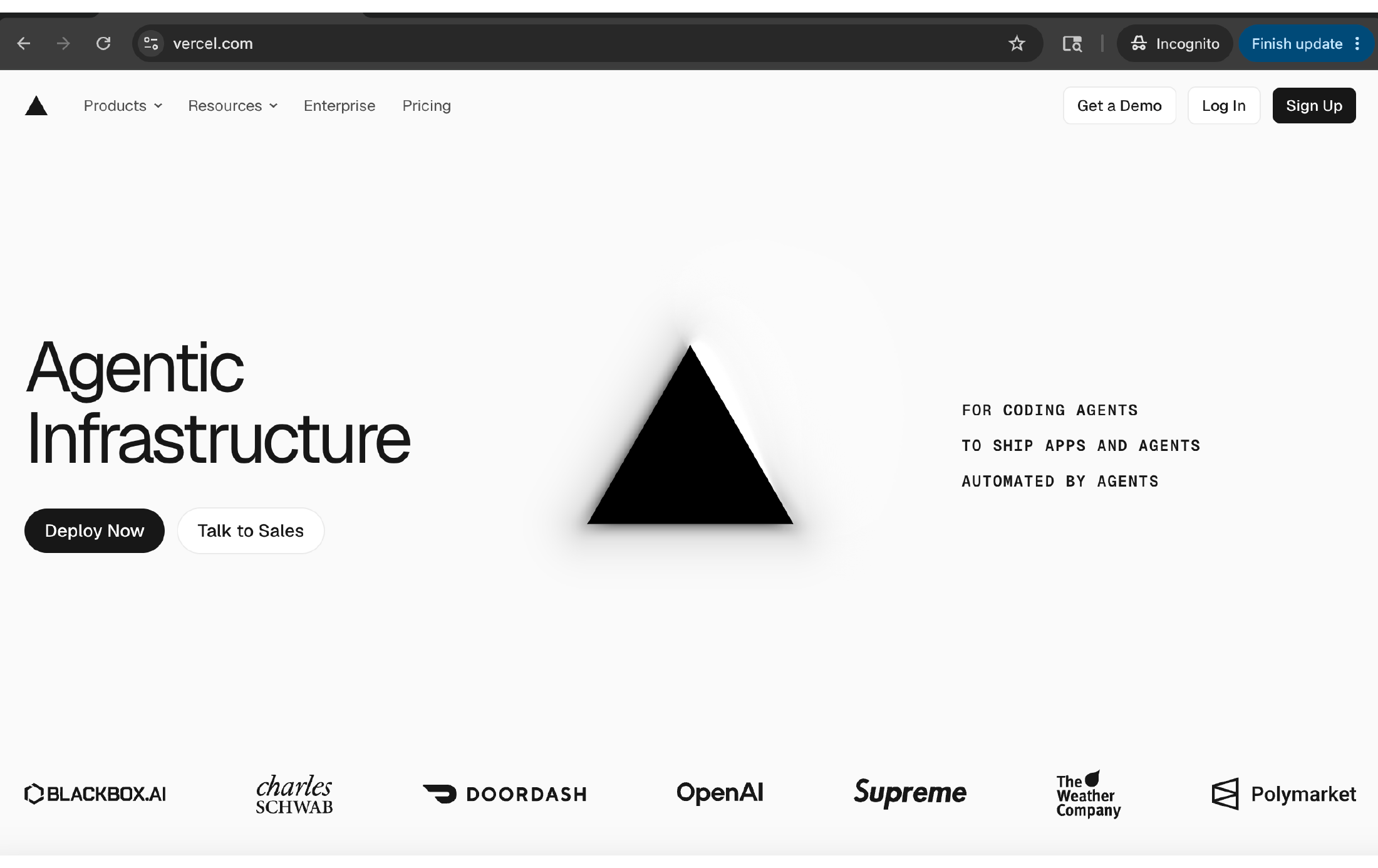 Vercel's homepage, showing marketing copy about agentic infrastructure for coding agents.