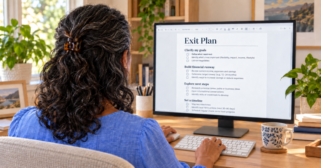 Poornima Vijayashanker working on an exit plan to leave corporate and restart her business.