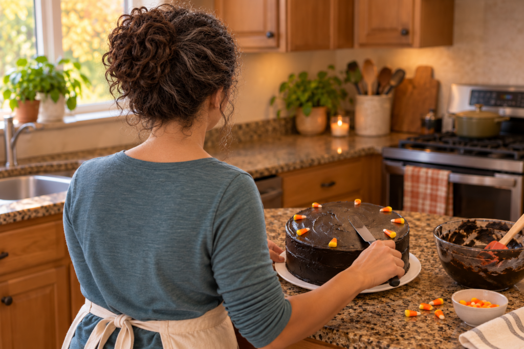 poornima vijayashanker baking a cake for halloween